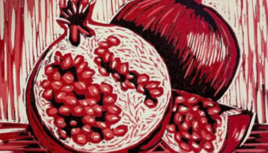 lino print of pomogranite